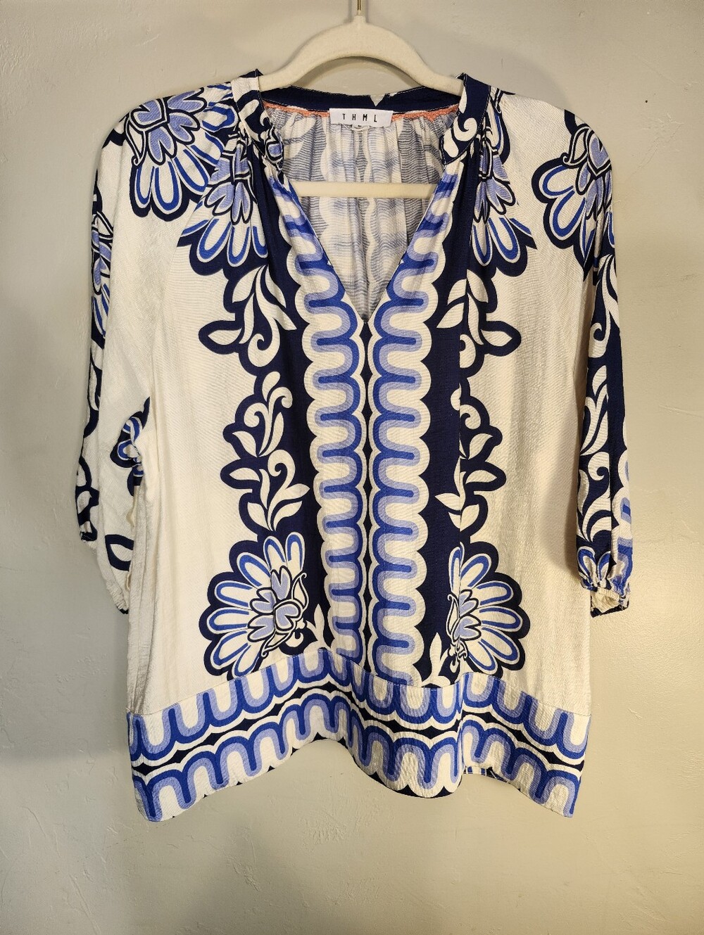THML Cream, Navy & Light Blue Floral V-Neck Tunic Top